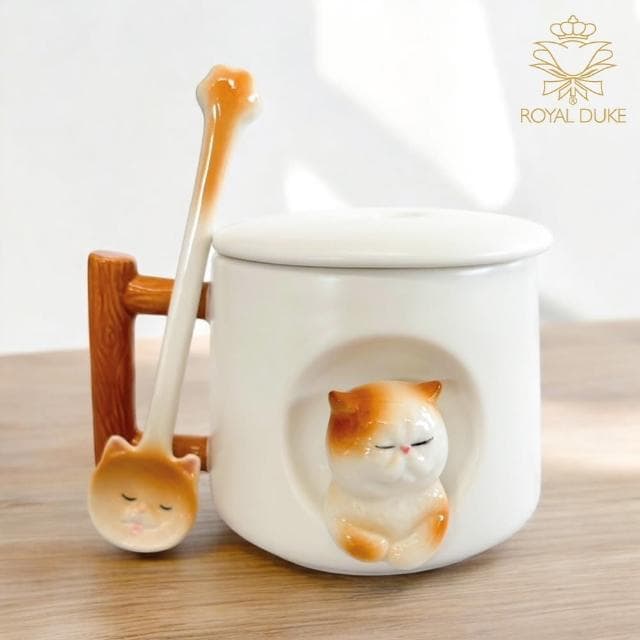 【Royal Duke】萌貓手繪附蓋附湯匙馬克杯420ml(二色可選 可愛動物 馬克杯大容量 禮物 入厝禮 咖啡杯)