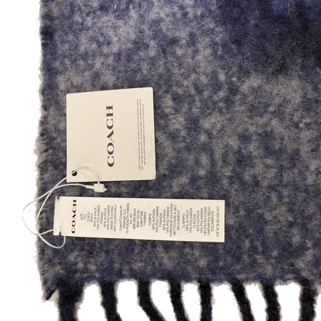 【COACH】新款大LOGO雙面毛呢羊駝毛流蘇長版圍巾(長版/深藍)