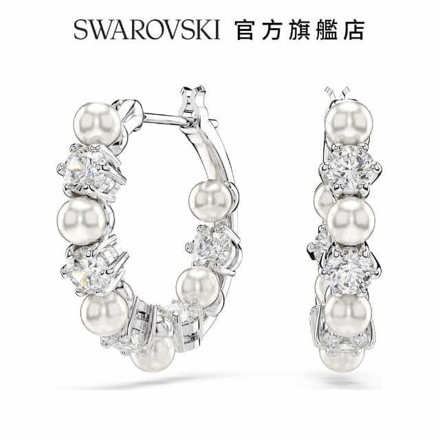 【SWAROVSKI 官方直營】Matrix 水滴形耳環水晶珍珠 圓形切割 白色 鍍白金色(情人節禮物 交換禮物)