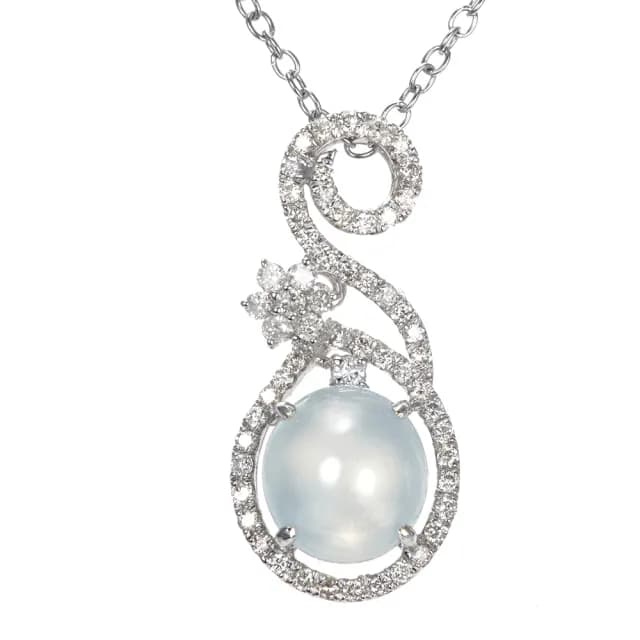 【DOLLY】14K金 緬甸冰玻種白翡A貨鑽石項鍊-002(長輩送禮首選)