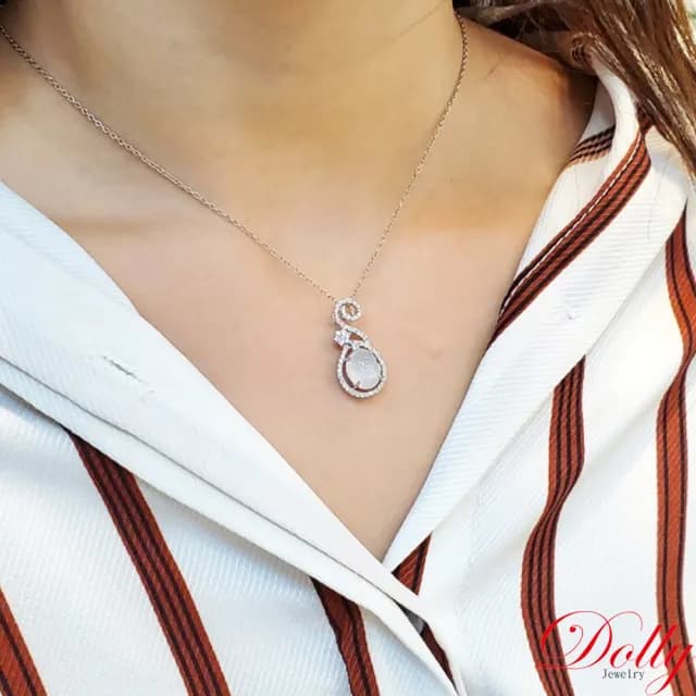 【DOLLY】14K金 緬甸冰玻種白翡A貨鑽石項鍊-002(長輩送禮首選)