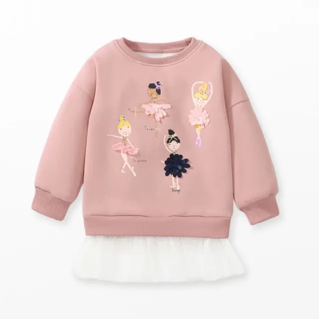 【橘魔法】立體芭蕾女孩拼接紗長袖上衣(長版上衣 衛衣 女童 兒童 童裝 厚款 保暖 刷毛 細絨)