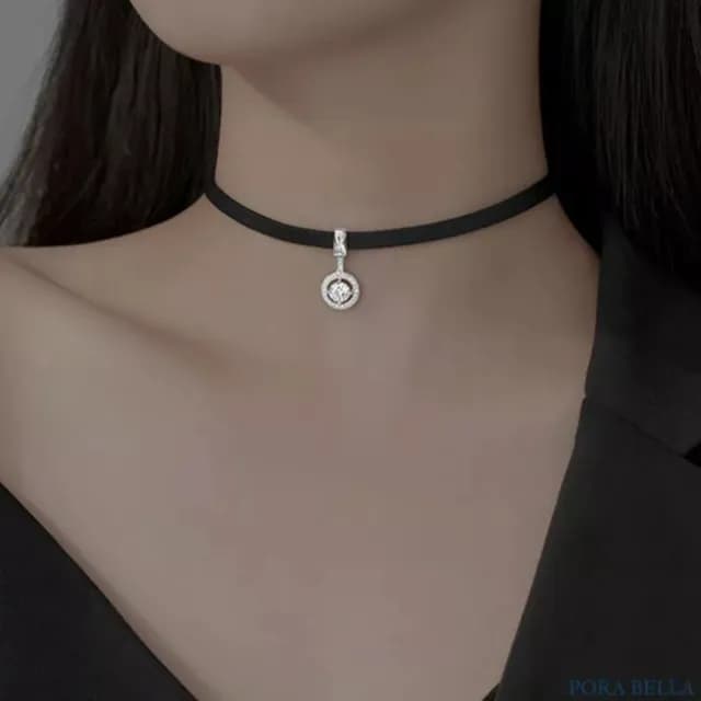 【Porabella】925銀鋯石項鍊 黑色皮繩項圈 choker鎖骨鏈 脖頸鍊頸帶 小眾個性風ins Necklace