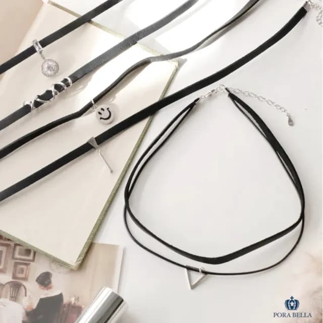 【Porabella】925銀鋯石項鍊 黑色皮繩項圈 choker鎖骨鏈 脖頸鍊頸帶 小眾個性風ins Necklace