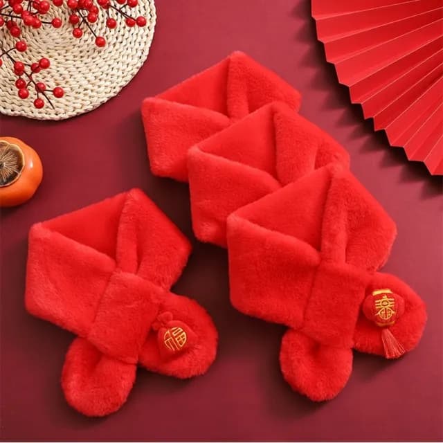 【橘魔法】喜氣公仔珊瑚絨保暖圍脖(大紅 圍巾 過年 新年 拜年 寒流 兒童 小童 女童 男童 童裝 寒流 配件)