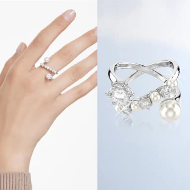 【SWAROVSKI 官方直營】Matrix 個性戒指水晶珍珠 圓形切割 白色 鍍白金色(情人節禮物 交換禮物)
