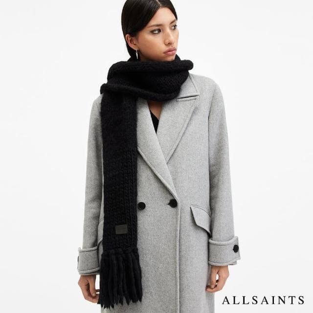 【ALLSAINTS】AMBER MIX 羊毛LOGO圍巾-黑 W190XB