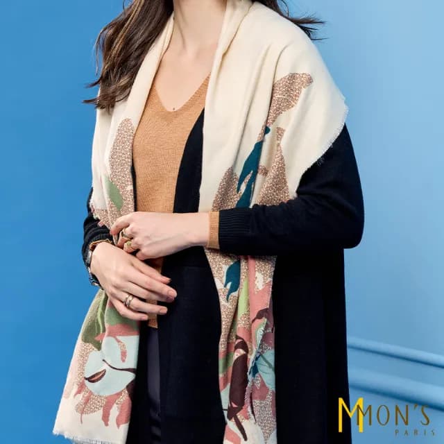【MON’S】高雅羊毛親膚花卉圍巾(2色任選)