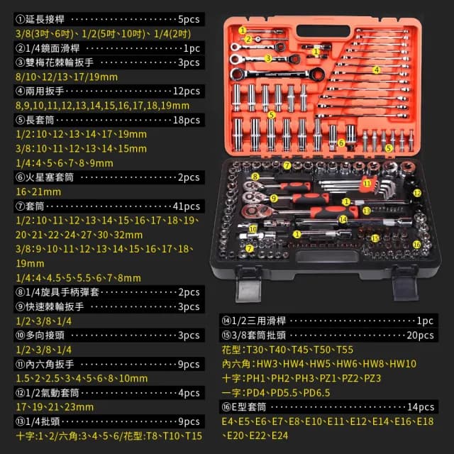150件組 多功能維修工具 鉻釩鋼車載組套 維修套裝手動工具 螺絲刀套筒組 棘輪扳手 汽車修理工具 180-CRV150