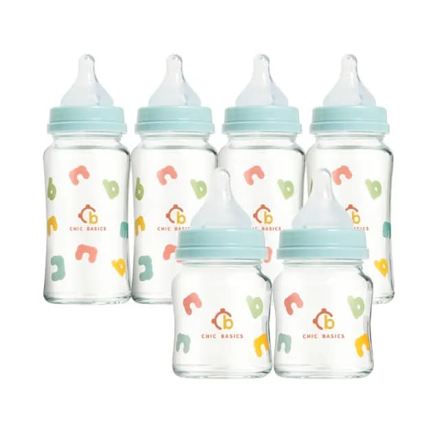 【奇哥官方旗艦】CHIC BASICS耐熱硼矽玻璃寬口奶瓶(240ml x4 + 120ml x2)