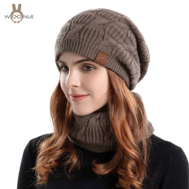 【WOONUE】秋冬專櫃發熱內裡加絨美麗諾羊毛混紡毛帽+圍脖圍巾(朋友女友情人母親媽媽奶奶新年生日禮物)