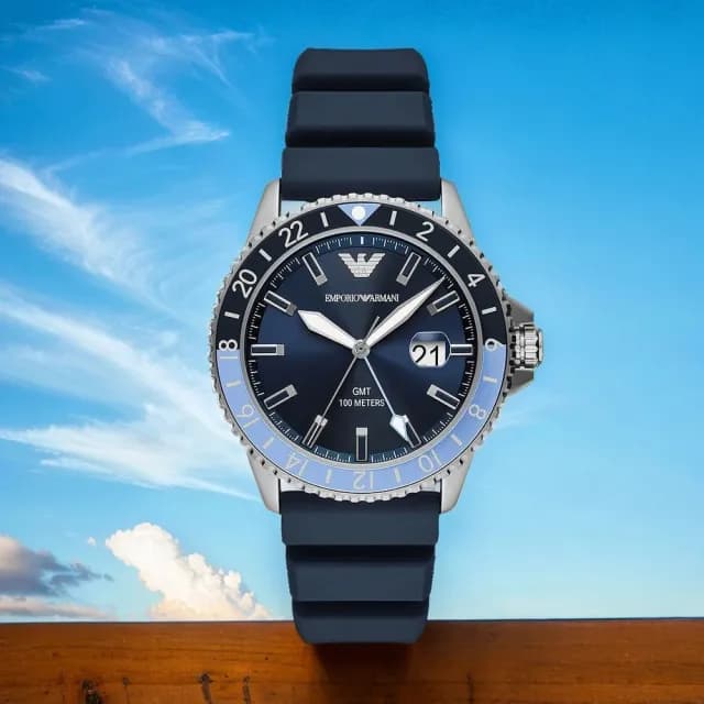 【EMPORIO ARMANI】亞曼尼 Diver 天空藍撞色GMT手錶-42mm 禮物 送禮 推薦(AR11592)