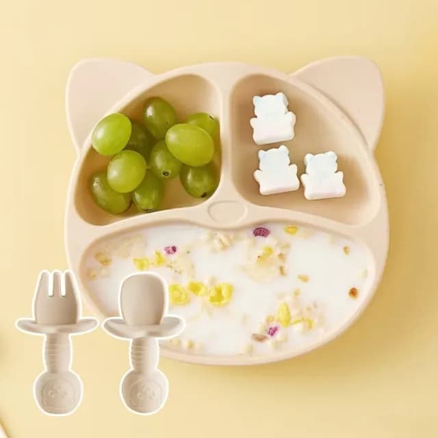 【防滑防摔】一體式矽膠吸盤碗+湯匙 子(食品級 餐具套裝 寶寶 分隔餐盤 嬰兒輔食碗 勺 環保餐具 學習碗)