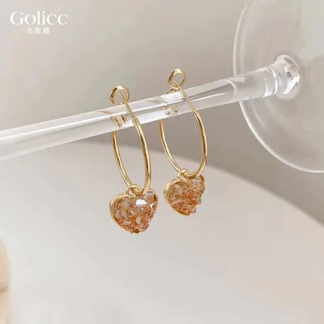 【Golicc】耳環 香檳色漸變水晶愛心(七夕 情人節 生日 飾品 耳釘 耳飾 耳墜 禮物)