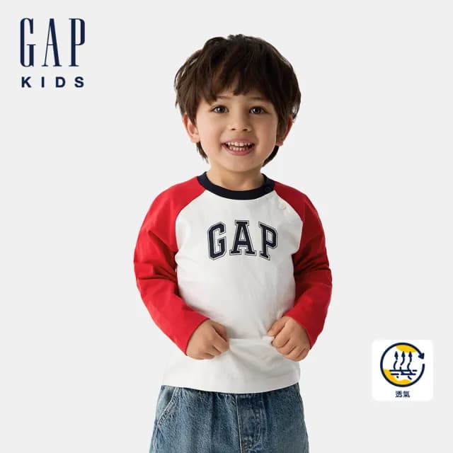 【GAP】兒童裝 Logo純棉印花圓領長袖T恤-紅色(687263)