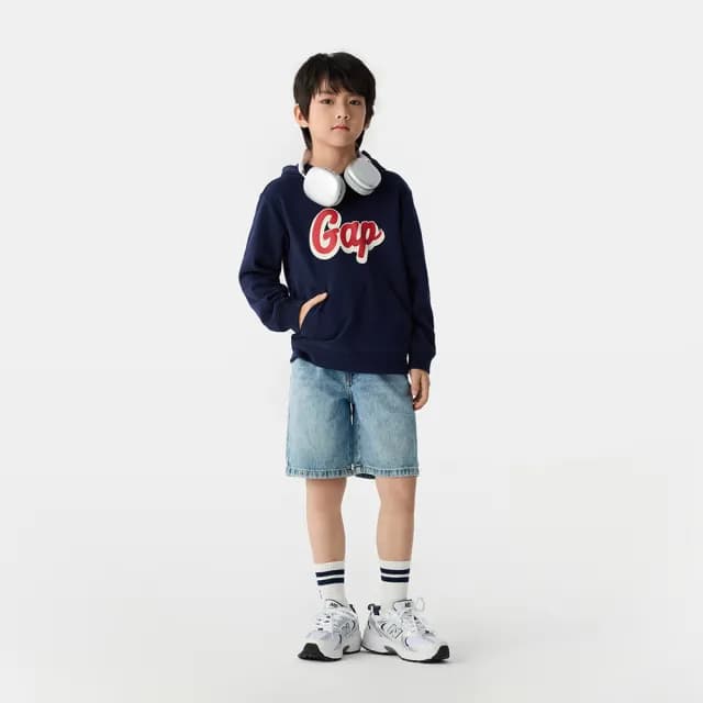 【GAP】兒童裝 Logo印花帽T 碳素軟磨法式圈織系列-海軍藍(687366)