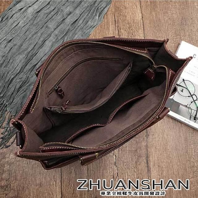 【ZHUANSHAN】母親節禮物 男女款植鞣牛皮商務公事包 手提包 肩背包(黑色／棕色／咖啡色)
