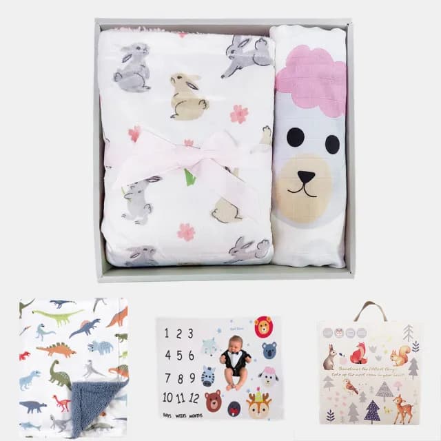 【Hudson Baby】彌月禮盒組-雙面暖膚仿羔羊絨嬰兒毯+成長紀錄日期包巾(新生兒寶寶滿月禮物哺乳巾)