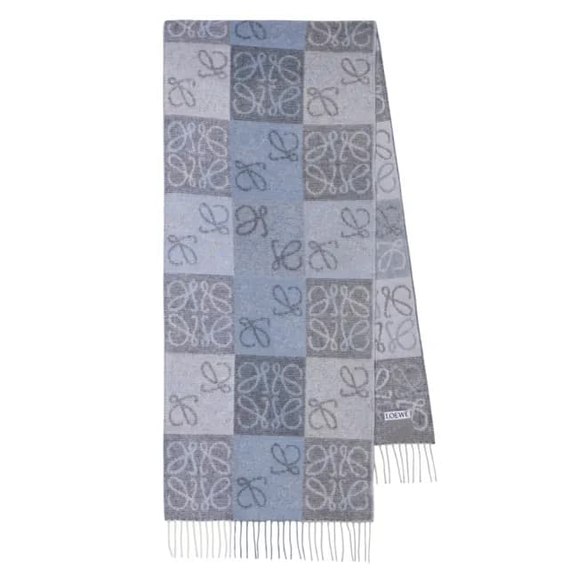 【LOEWE 羅威】Anagram 羊毛與羊絨混紡 圍巾 藍色 白色