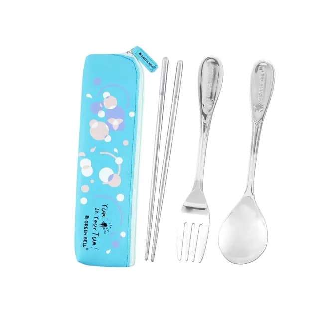 【GREEN BELL綠貝】304不鏽鋼環保餐具組-幾何風-藍(含筷+叉+匙 耐摔 耐用 環保 上學 露營 SGS)