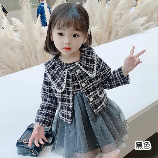 【橘魔法】翻領小香風交錯編織毛呢套裝(長袖外套 紗裙洋裝 無袖洋裝 外套 女童 洋裝 童裝 兒童)