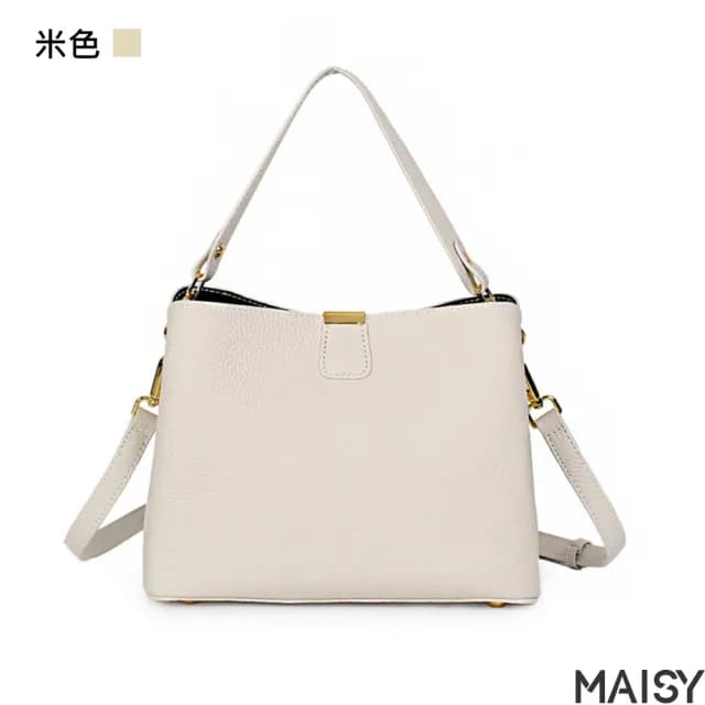 【MAISY】情人節禮物 真皮 時尚百搭雙肩帶質感頭層牛皮手提包(真皮包包 棕色／黑色／綠色／米色／卡其色)