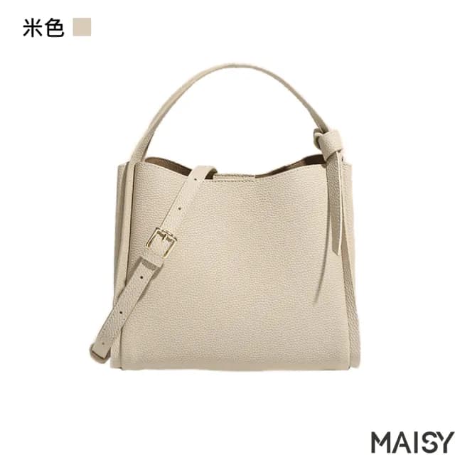 【MAISY】情人節禮物 經典真皮大容量簡約水桶包(真皮包包 現+預 黑色／米色／卡其色／綠色／棕色／土黃