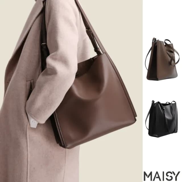 【MAISY】情人節禮物 簡約質感真皮單肩斜背托特包 肩背包 側背包(真皮包包 現+預  黑色 / 棕色)
