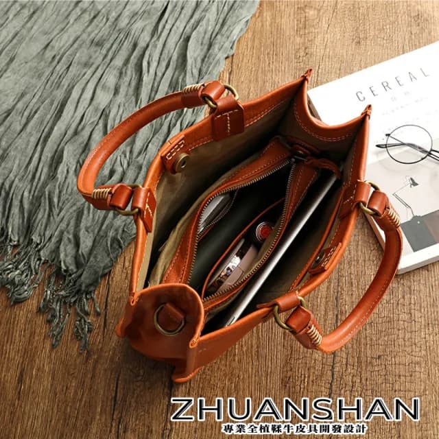 【ZHUANSHAN】情人節禮物 真皮 大容量通勤植鞣牛皮手提包 肩背包(真皮包包 咖啡色／黑色／墨綠色／棕色)