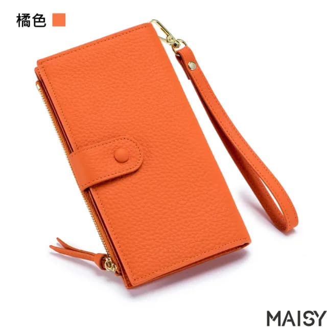 【MAISY】真皮包包  質感頭層牛皮簡約純色多夾層錢包 長夾(棕色 / 卡其色／藍色／紫色／橘色 / 黑色)