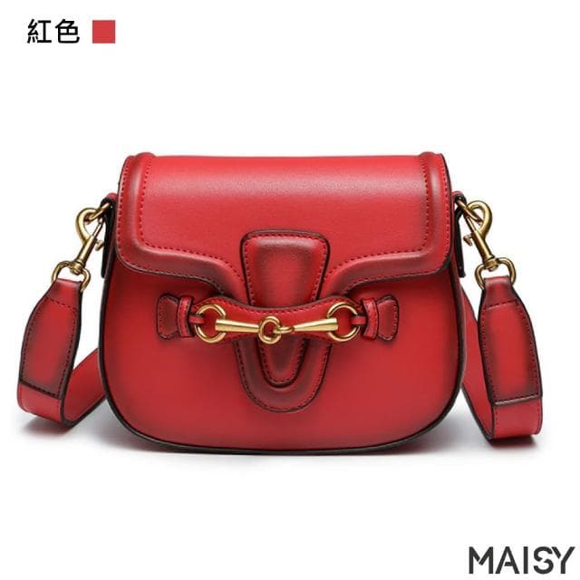 【MAISY】母親節禮物 復古雙肩帶鞍馬大小款單肩包(現+預  棕色／黑色／紅色)