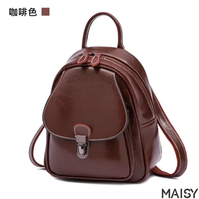 【MAISY】情人節禮物 真皮 復古油蠟牛皮後背包(真皮包包 現+預 綠色／黑色／土黃色／咖啡色)