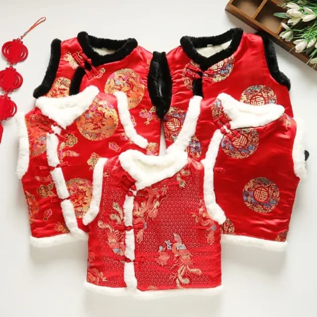 【橘魔法】龍鳳福字喜鶴毛毛領刺繡背心(大童 中國風 新年 過年 拜年 馬甲 唐裝 大紅 男童 女童 童裝 兒童)