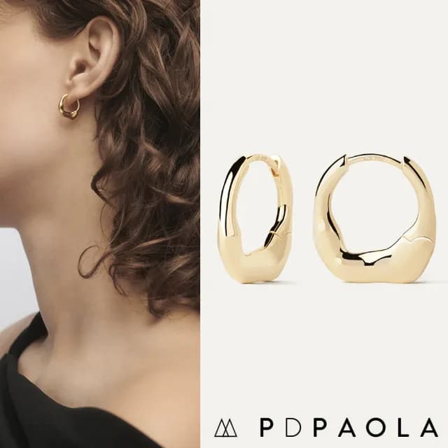 【PD PAOLA】西班牙時尚潮牌 優雅波浪紋 金色中圓耳環 MINI MAGMA(925純銀鑲18K金)