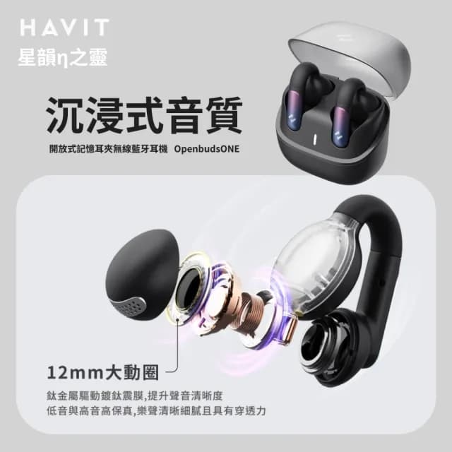 【Havit 海威特】OPENBUDS1 AI降躁開放式無線藍芽耳機(APP調音 自訂按鍵 TWS藍牙 記憶金屬夾 IPX4防水)