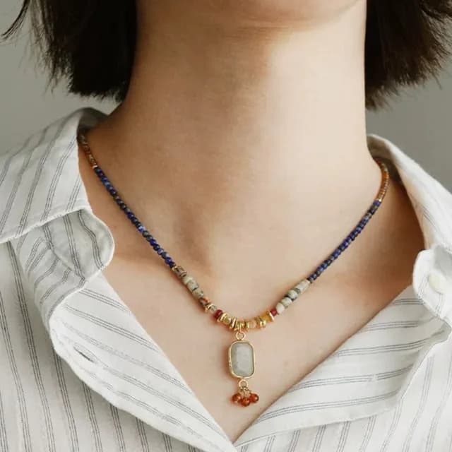 【LEEHER】吊墜/吊飾/拼色/項鍊/女生項鍊/女生禮物/生日禮物/古風/飾品/拉長石/復古飾品/項鍊情