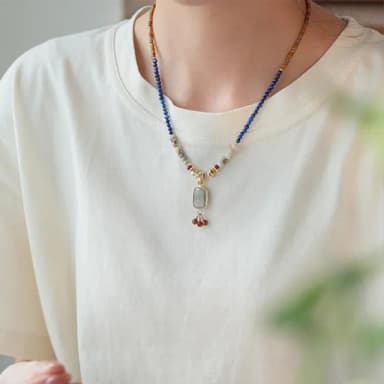 【KT DADA】項鍊 女生項鍊 古風 飾品 青金石 串珠項鍊 吊墜  復古飾品 項鍊情侶 吊飾  拼色 拉長石 禮物