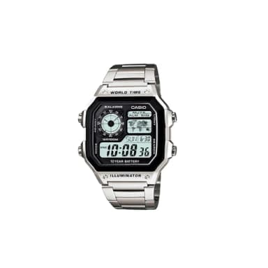 【CASIO 卡西歐】AE-1200WHD-1A 數位方塊 世界地圖顯示電子錶(100米防水不鏽鋼錶帶)