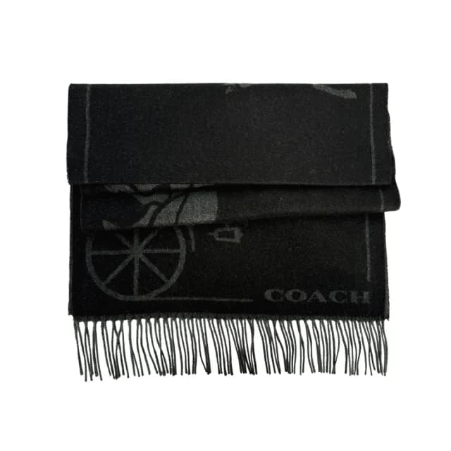 【COACH】馬與馬車圖案羊毛及羊絨長版圍巾(黑色)