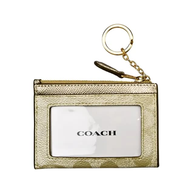 【COACH】Logo PVC前卡夾鑰匙零錢包(香檳金C)