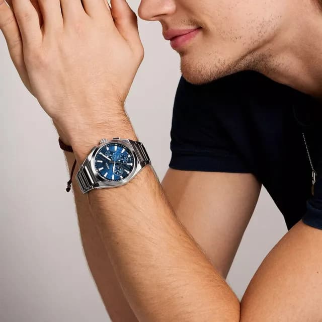【FOSSIL】Everett 時尚三眼計時手錶-銀x藍/44mm 禮物 送禮 推薦(FS6104)