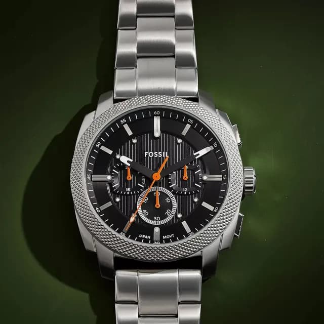 【FOSSIL】Machine 簡約撞色工業風三眼計時手錶-銀x黑/44mm 禮物 送禮 推薦(FS6095)