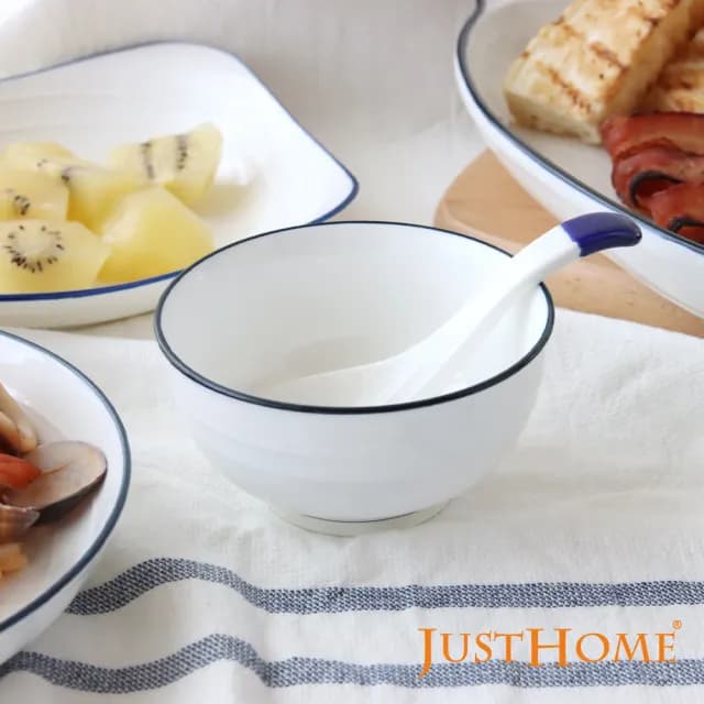 【Just Home】簡約純白藍邊陶瓷碗盤餐具組-27件(可微波 碗 碗盤 餐盤 泡麵碗 魚盤 送禮)