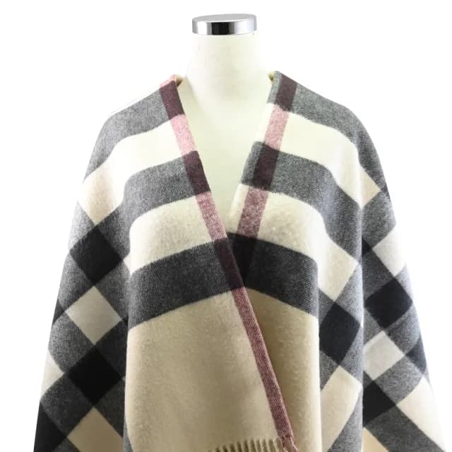 【BURBERRY 巴寶莉】英系經典格紋100%喀什米爾羊毛保暖披肩長圍巾/毛毯(米白)