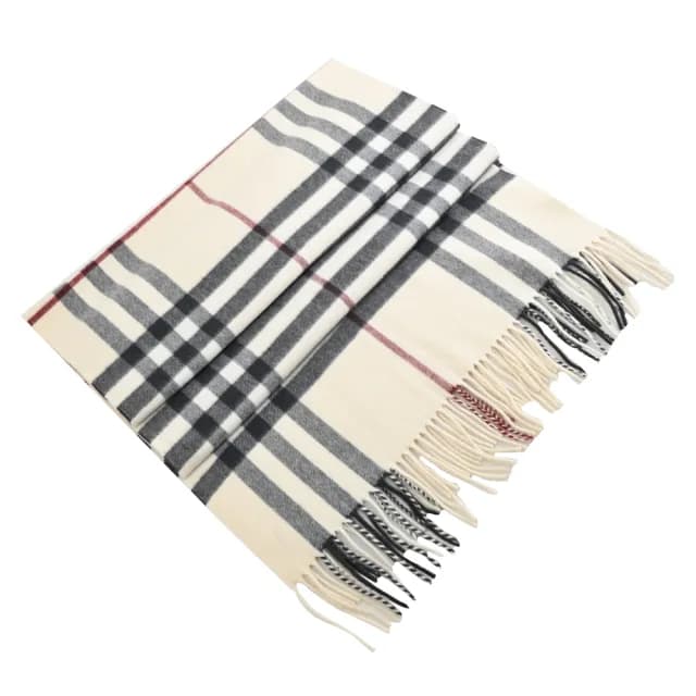 【BURBERRY 巴寶莉】英系經典格紋100%喀什米爾羊毛保暖雙面披肩長圍巾(米白)