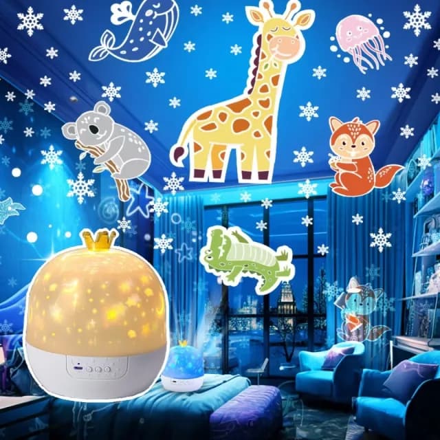 【4D全景】夢幻皇冠旋轉音樂盒投影燈-附21款投影片(內置20首音樂 遙控燈 小夜燈 星空燈 兒童 生日禮物)