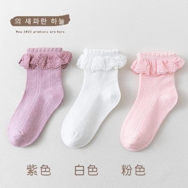【橘魔法】（3雙一組）蝴蝶結荷葉花邊中筒襪(短襪 白襪 全白襪子 襪子 兒童 女童 童裝)