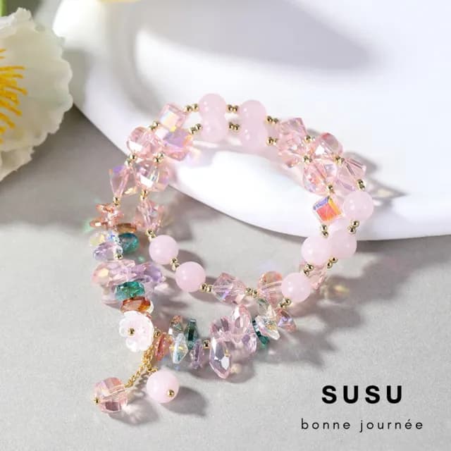 【SU SU】多寶水晶雙圈粉鑽手鍊(草莓晶 紫水晶 粉水晶 事業運 招財 轉運 能量 防小人 水晶手鍊)