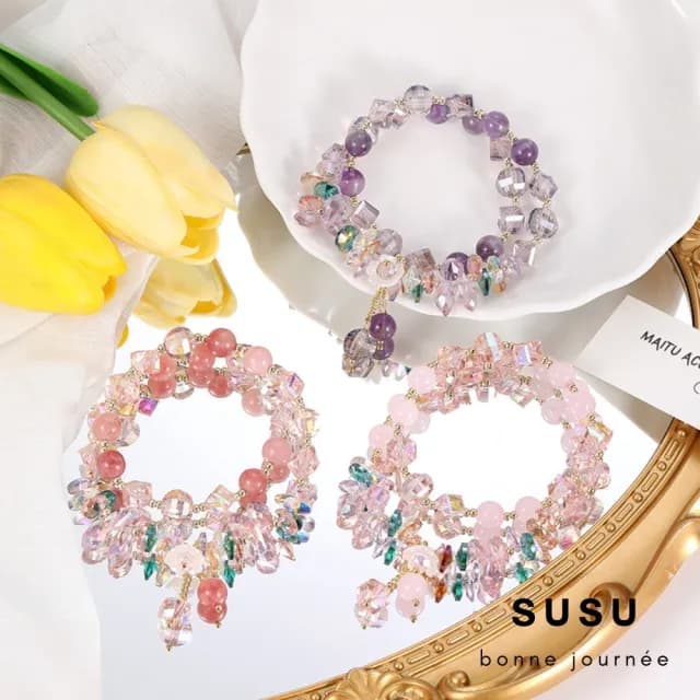 【SU SU】多寶水晶雙圈粉鑽手鍊(草莓晶 紫水晶 粉水晶 事業運 招財 轉運 能量 防小人 水晶手鍊)