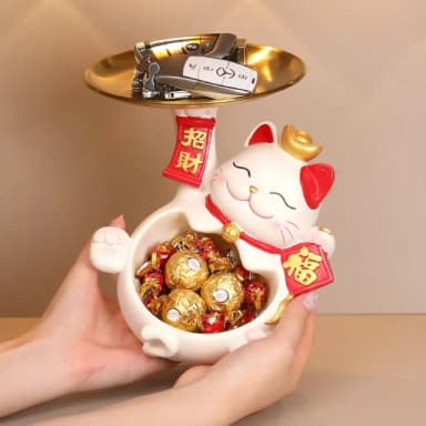 【招好運】大肚招財貓托盤收納擺飾(玄關 鑰匙 桌上 新年裝飾 過年布置 開業禮物 送禮 一物多用 開運)